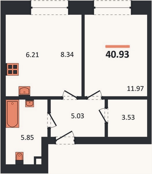 Планировка: 1-к, 40,9 м²