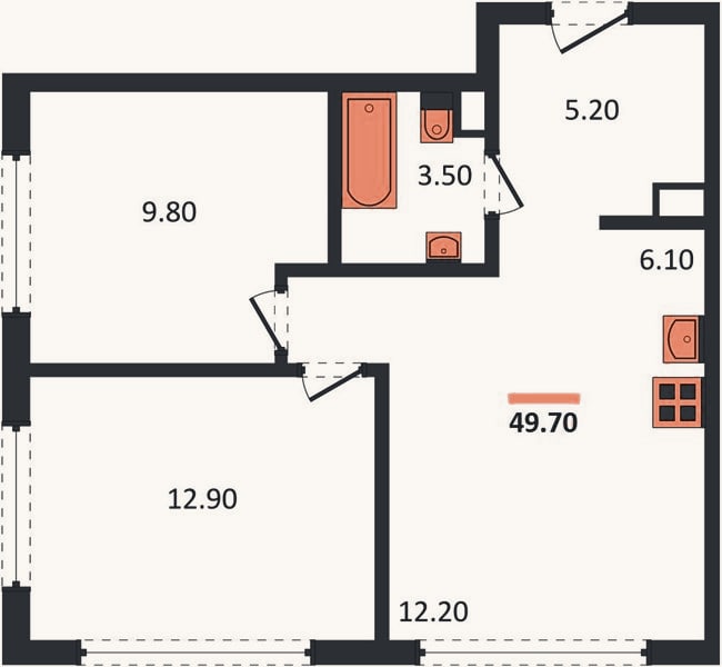 Планировка: 2-к, 49,7 м²
