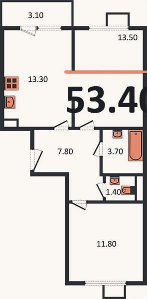 Планировка: 2-к, 53,4 м²