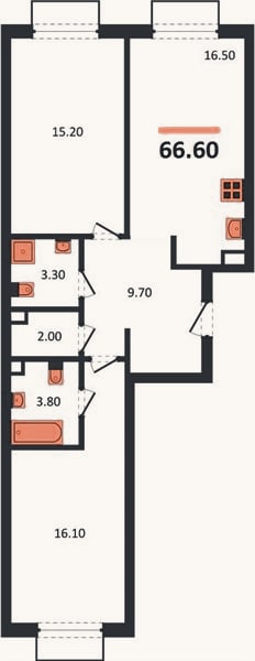 Планировка: 2-к, 66,6 м²