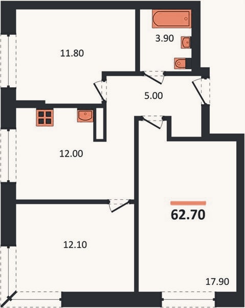 Планировка: 3-к, 62,7 м²