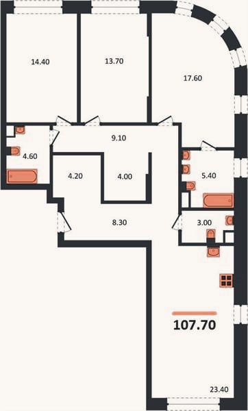 Планировка: 3-к, 107,7 м²