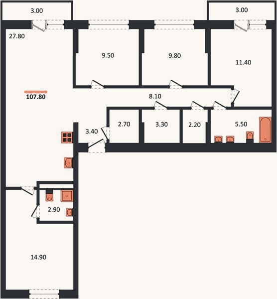 Планировка: 4+ к, 107,8 м²