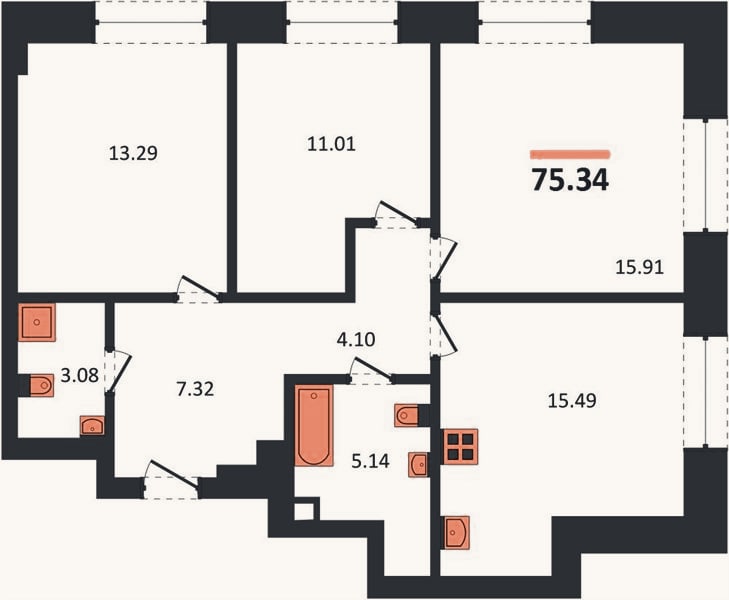 Планировка: 3-к, 75,3 м²