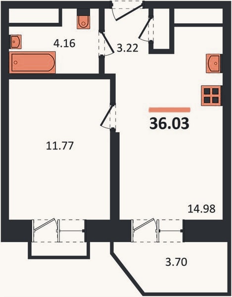 Планировка: 1-к, 36 м²