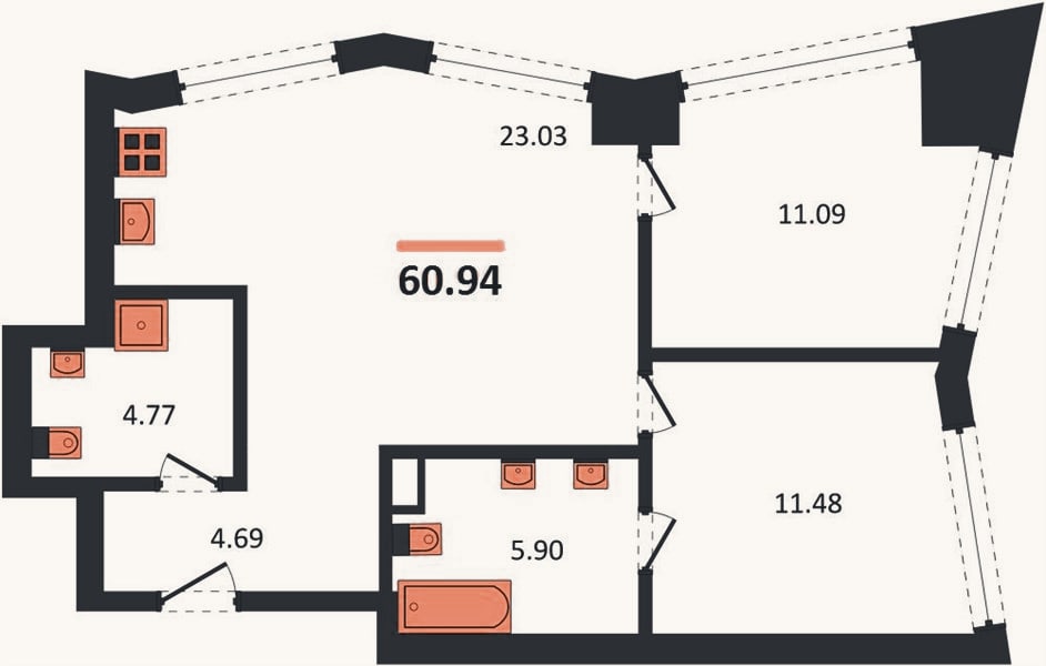 Планировка: 2-к, 60,9 м²