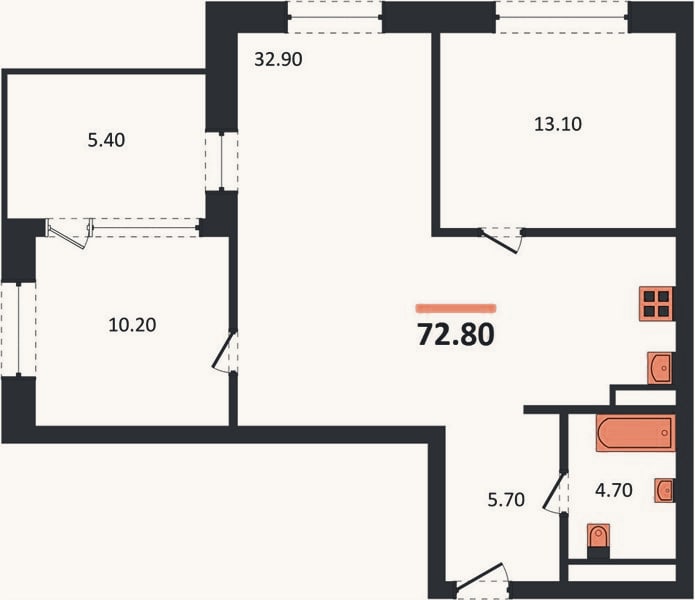 Планировка: 2-к, 72,8 м²
