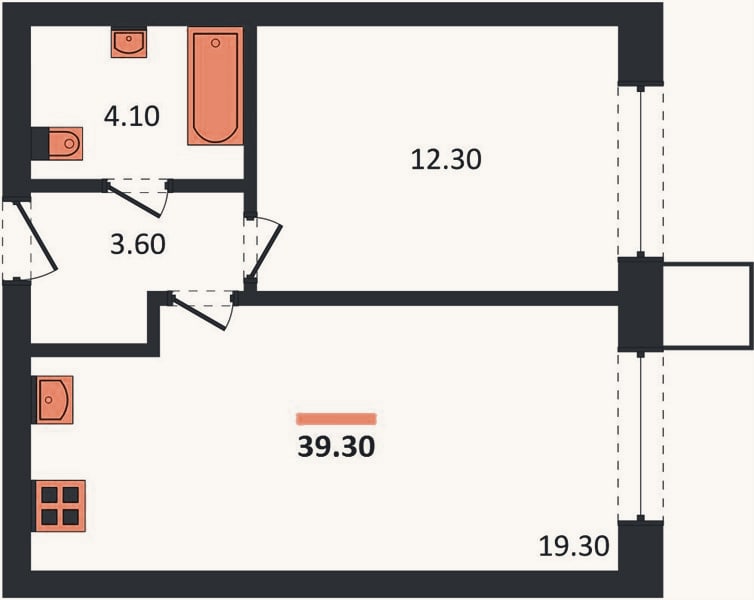 Планировка: 1-к, 39,3 м²