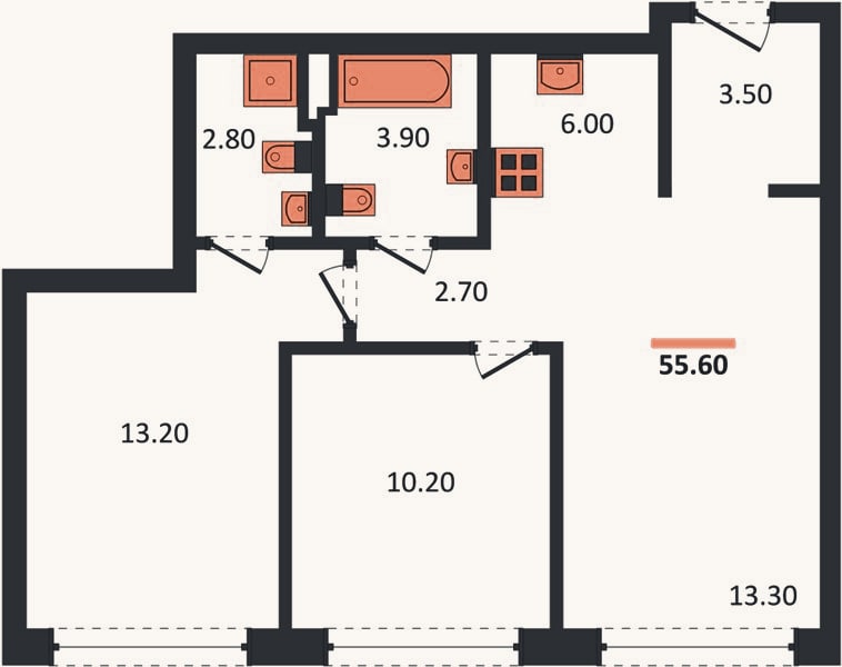 Планировка: 2-к, 56,3 м²