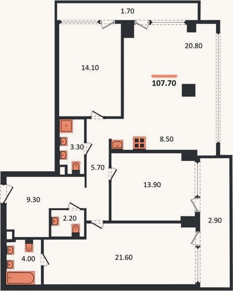 Планировка: 3-к, 107,7 м²