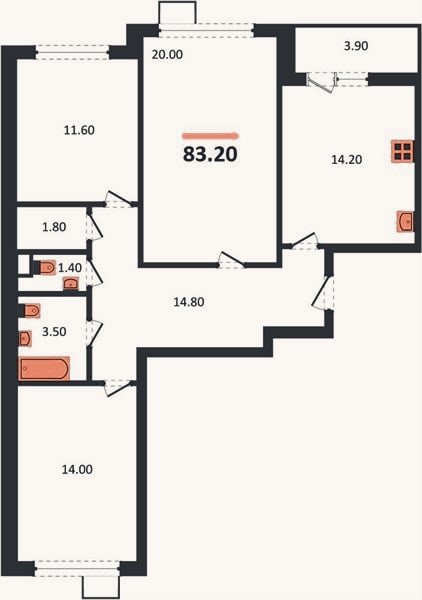 Планировка: 3-к, 83,2 м²