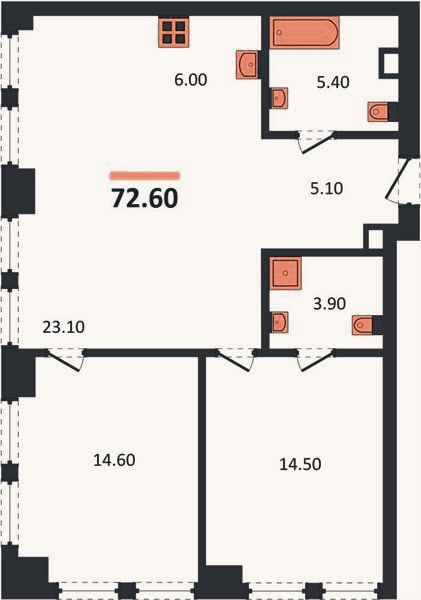 Планировка: 2-к, 72,6 м²