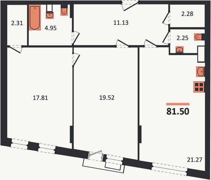 Планировка: 2-к, 81,5 м²