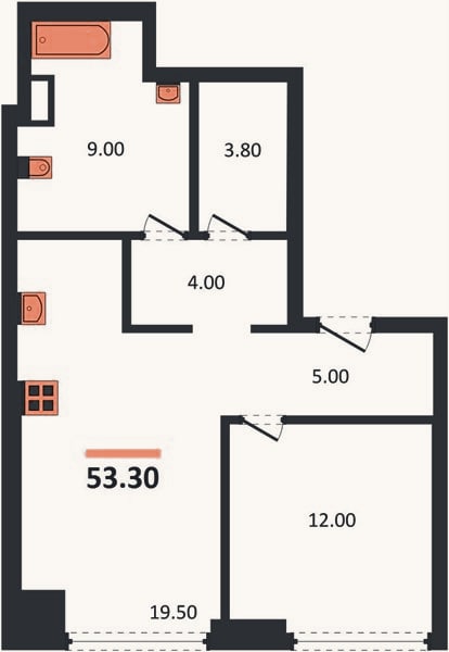 Планировка: 1-к, 53,3 м²