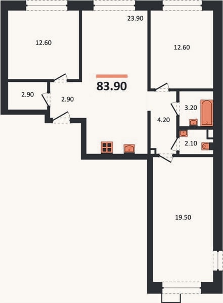 Планировка: 3-к, 83,9 м²