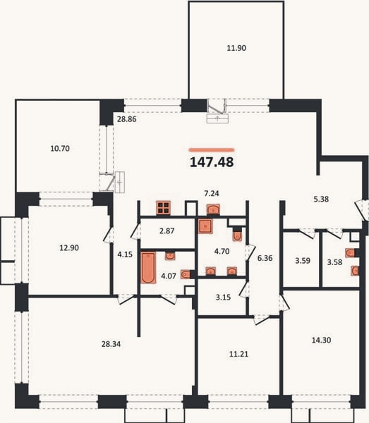 Планировка: 4+ к, 147,5 м²