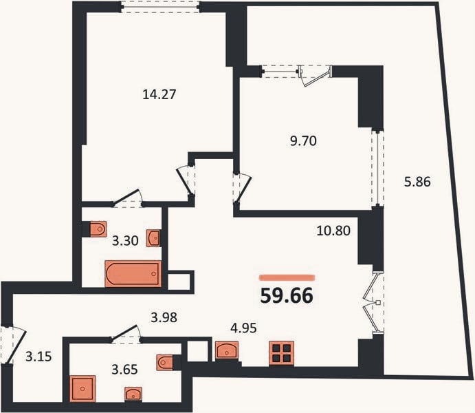Планировка: 2-к, 59,7 м²