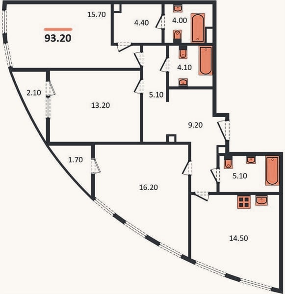 Планировка: 3-к, 93,2 м²