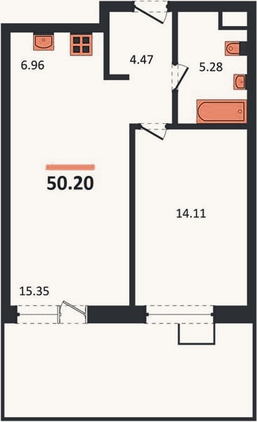 Планировка: 1-к, 50,2 м²