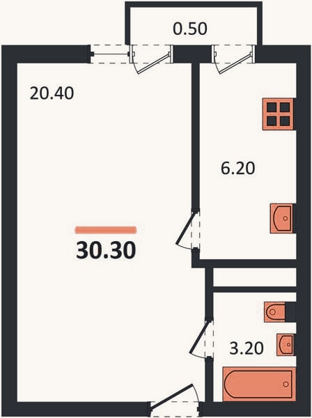 Планировка: 1-к, 30,3 м²