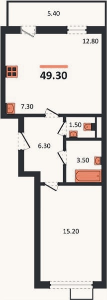 Планировка: 1-к, 49,3 м²