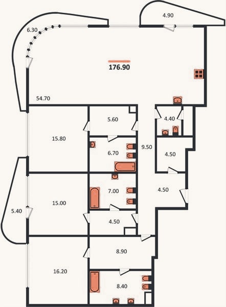 Планировка: 3-к, 176,9 м²