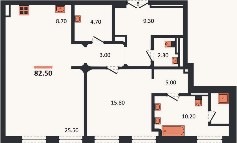 Планировка: 1-к, 82,5 м²