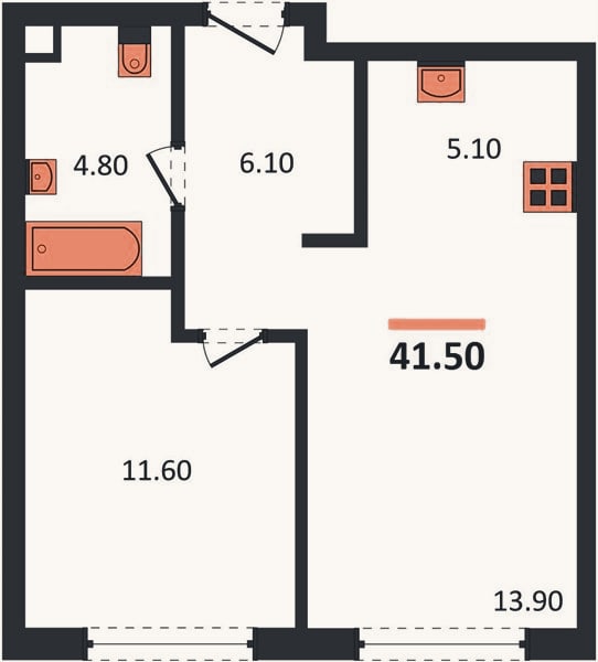 Планировка: 1-к, 41,5 м²