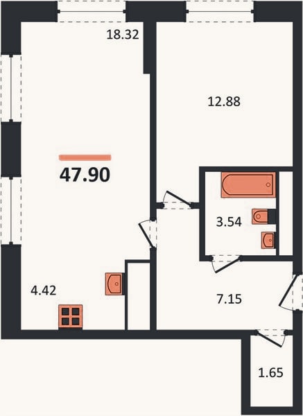 Планировка: 1-к, 47,9 м²