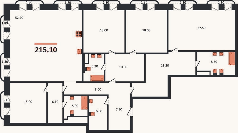 Планировка: 4+ к, 215,1 м²