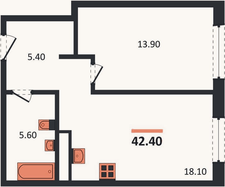 Планировка: 1-к, 42,3 м²