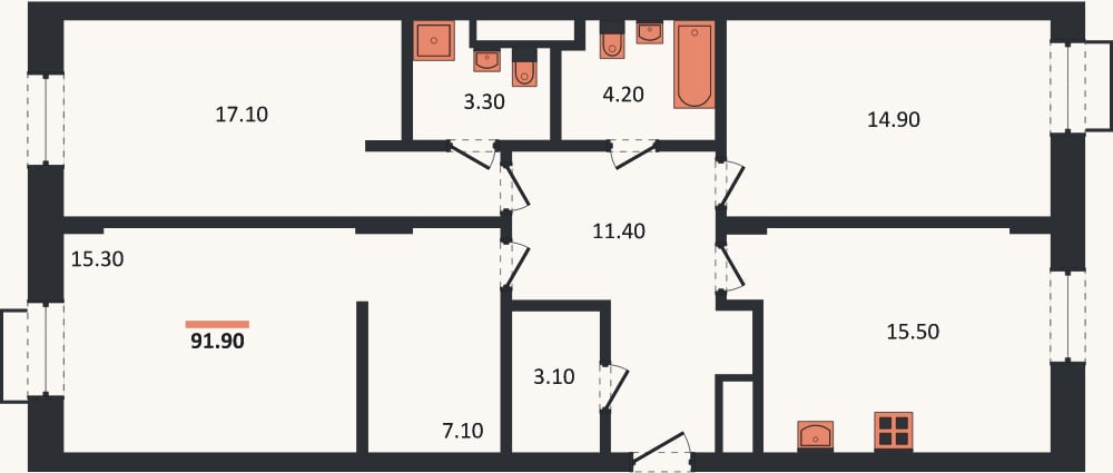 Планировка: 3-к, 91,9 м²