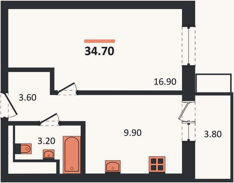 Планировка: 1-к, 34,7 м²