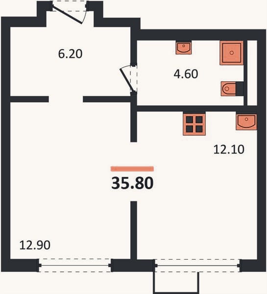 Планировка: 1-к, 35,8 м²