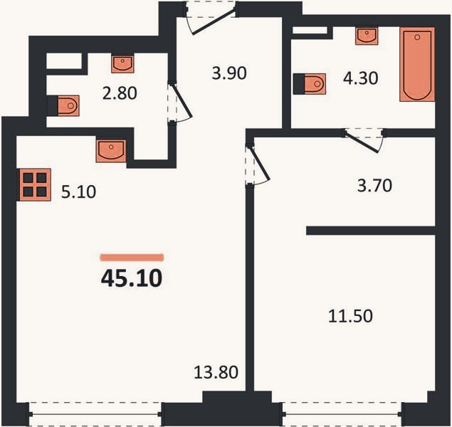 Планировка: 1-к, 45,1 м²