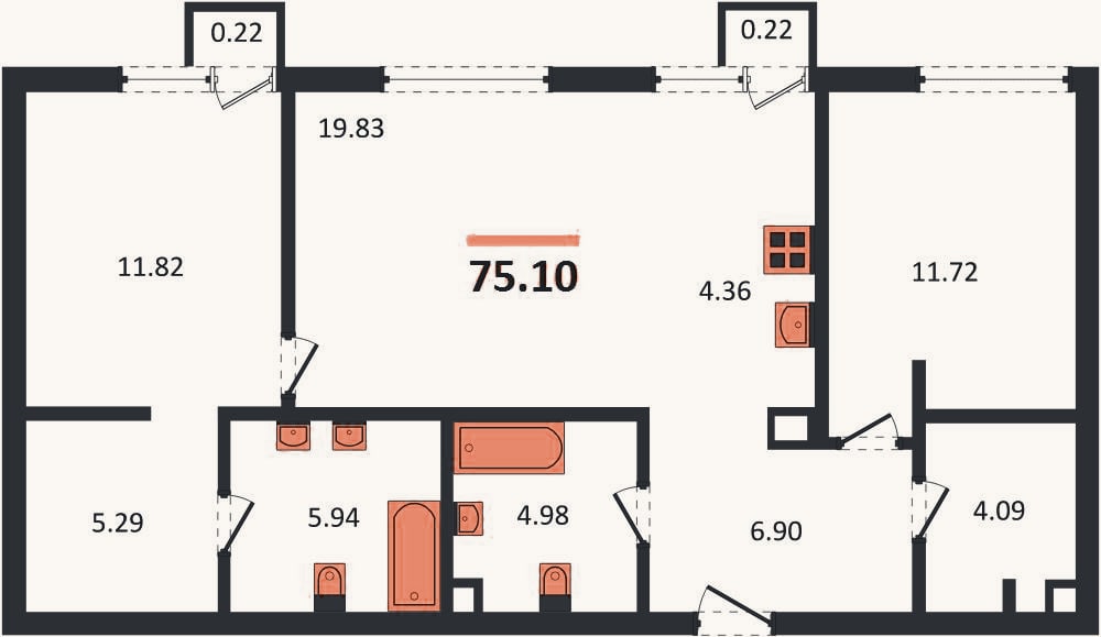 Планировка: 2-к, 75,1 м²