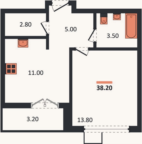 Планировка: 1-к, 38,2 м²