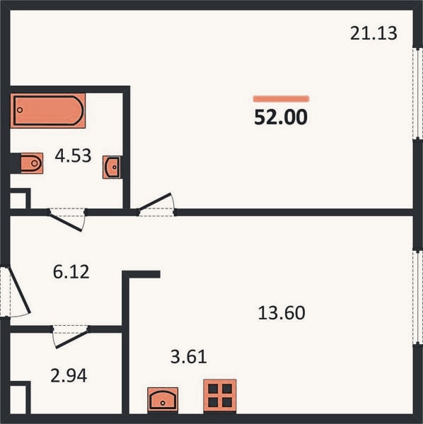 Планировка: 1-к, 52 м²