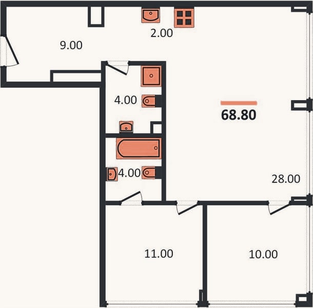 Планировка: 2-к, 68,8 м²