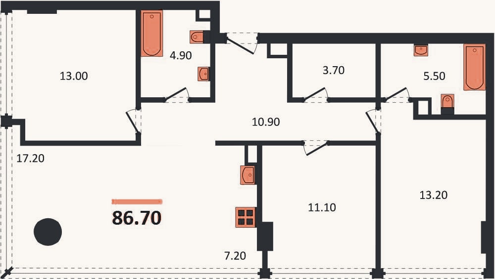 Планировка: 3-к, 86,7 м²