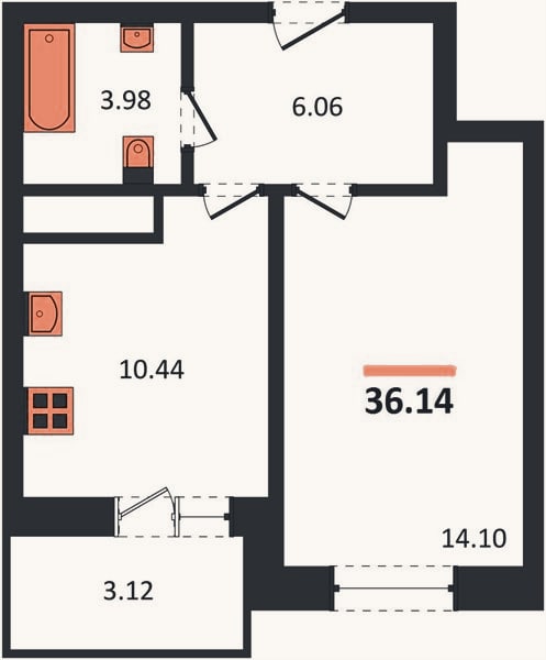 Планировка: 1-к, 36,1 м²