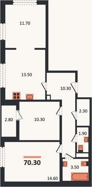 Планировка: 3-к, 70,3 м²