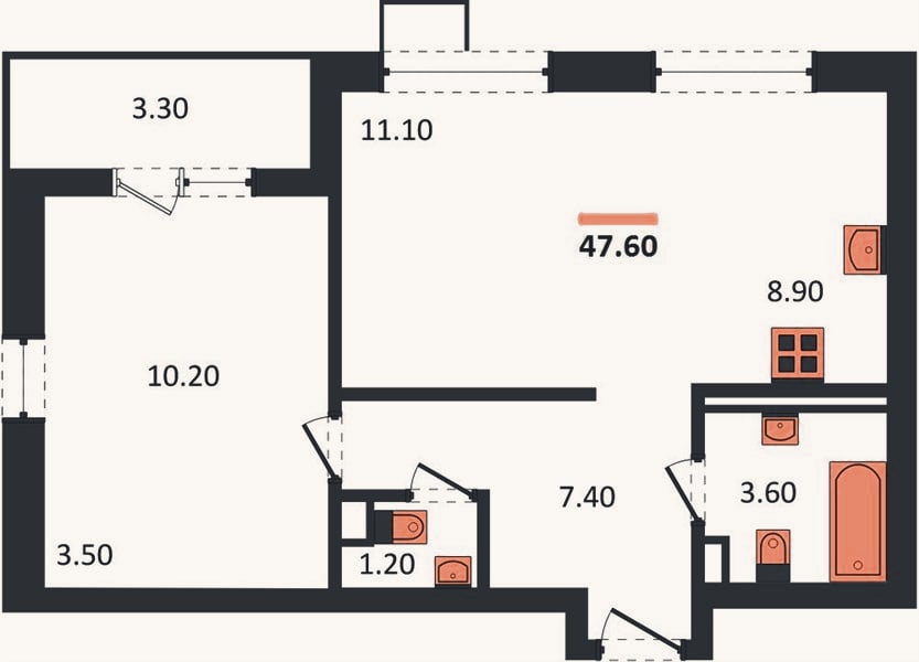 Планировка: 1-к, 47,6 м²