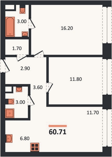 Планировка: 2-к, 60,7 м²