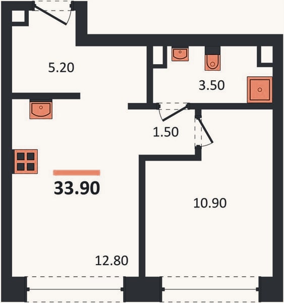 Планировка: 1-к, 34,3 м²