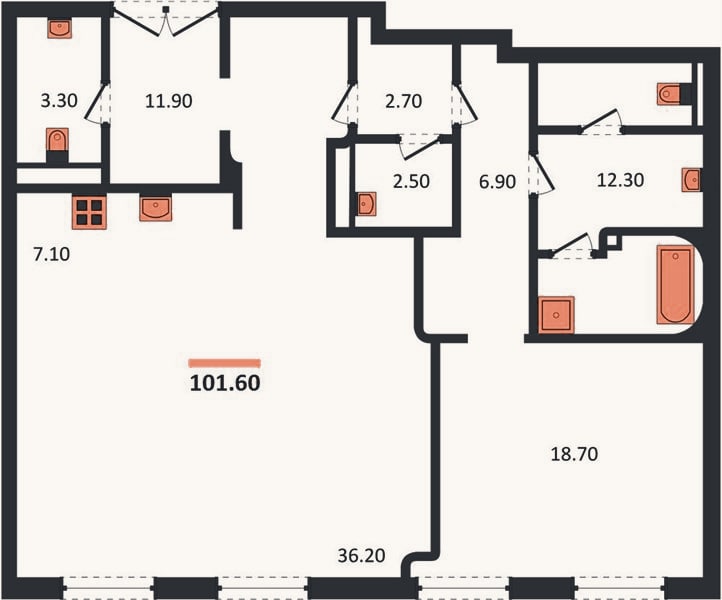 Планировка: 1-к, 101,6 м²