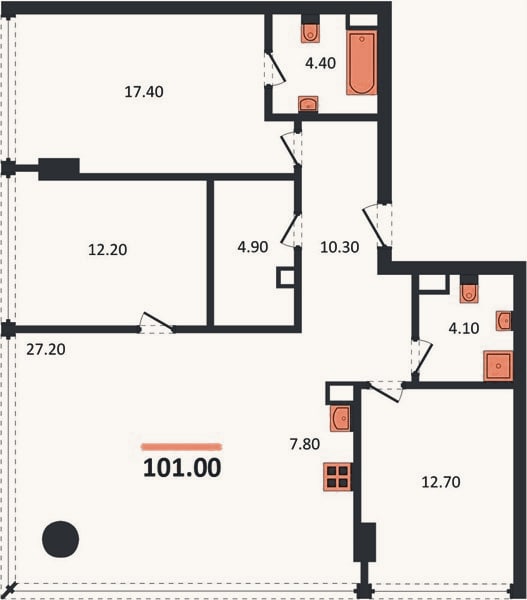 Планировка: 3-к, 101 м²
