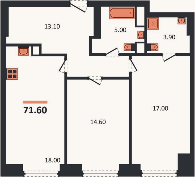Планировка: 2-к, 71,6 м²