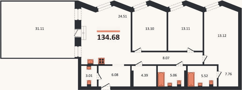 Планировка: 3-к, 134,7 м²