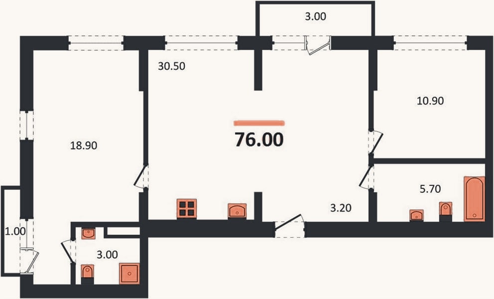 Планировка: 2-к, 76 м²